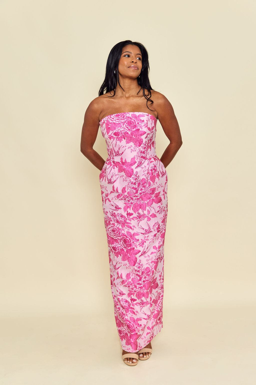Hannah Floor-Length Pink Garden Floral Jacquard Bridesmaid Dress – Lula