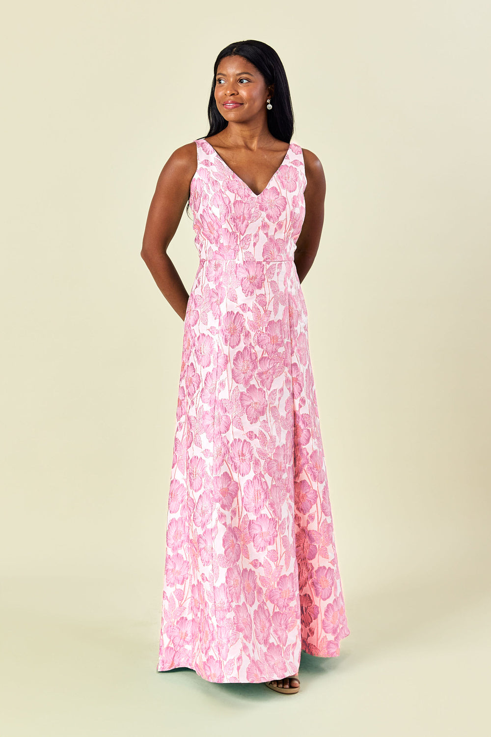 Lisa Floor-Length Elegant Metallic Floral V-Neck Dress