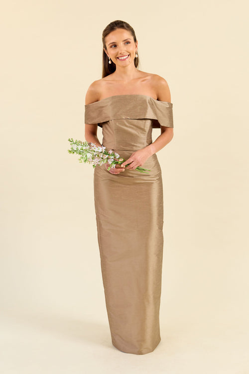 Christy Floor-Length Off-the-Shoulder Bridesmaid Dress 14 / Umber Shantung
