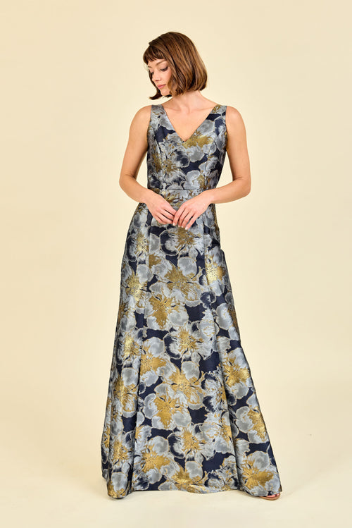 Lisa Floor-Length Shimmer Floral V-Neck Dress 00 / Gold Shimmer Floral
